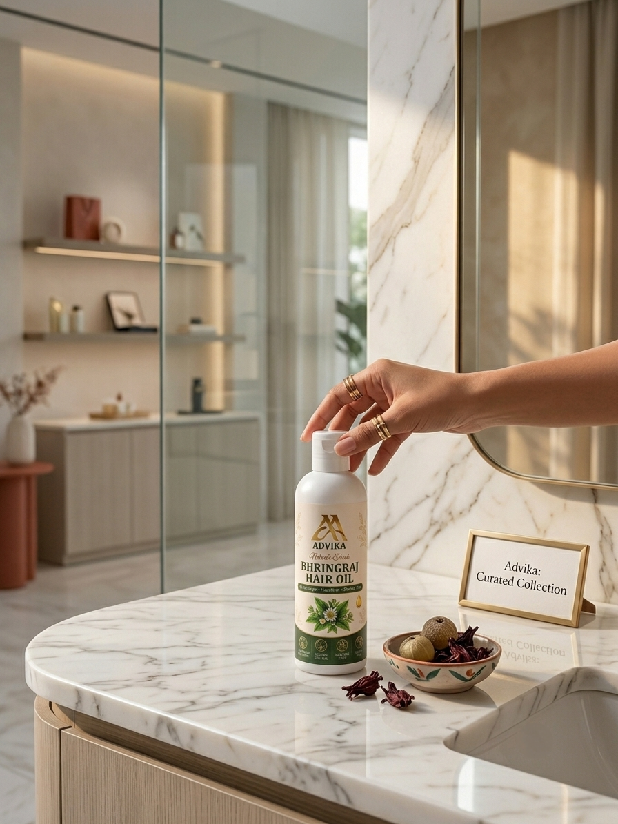 Advika Aura Bhringraj Hair Oil on a bathroom counter